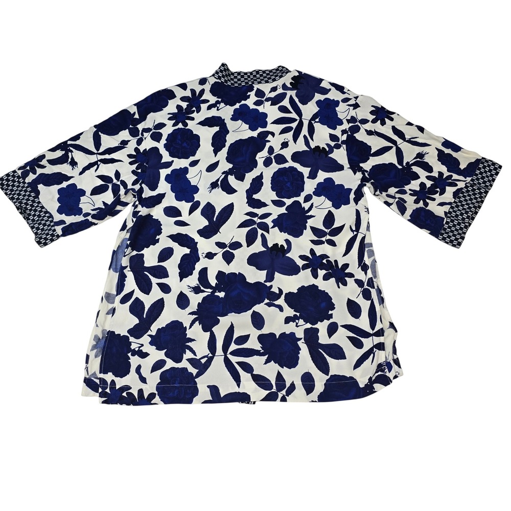 Cabi Blue White Floral Kimono Wrap Jacket Geometric Trim Open Front M/L - Picture 7 of 7